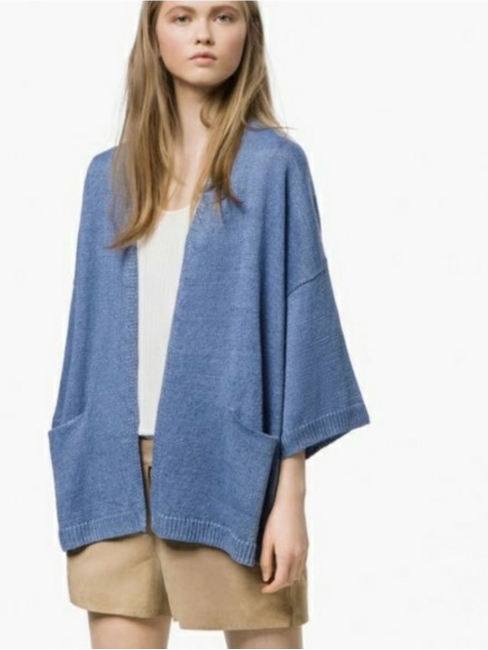Massimo Dutti Blue 100% Linen Open Front Cardigan Kimono Sweater Size L